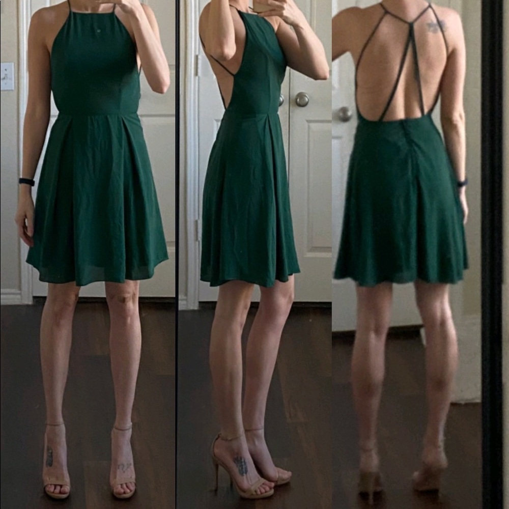 Emerald green open back backless fit & flare dress